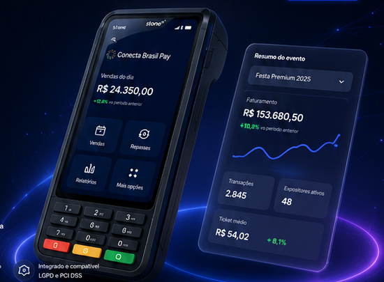 Maquininha Stone com interface Conecta Brasil Pay e resumo financeiro do evento